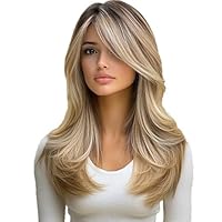 Lange Blonde Perücke Lange Gerade Perücke Geschichtete Synthetische Haar Perücken für Frauen Hitzebeständig Cosplay Kostüm Charmante für Tägliche Karneval Fasching (Blonde)