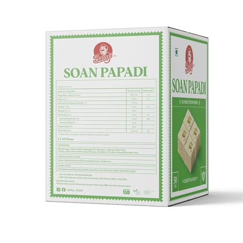 Image of Balluji Soan Papdi Elaichi 900g- 50 Single-Serve Pieces | Traditional Indian Sweet | Light, Flaky & Melt-in-Mouth | Ideal for Events, Gifting & Festive Occasions (Cardamom)