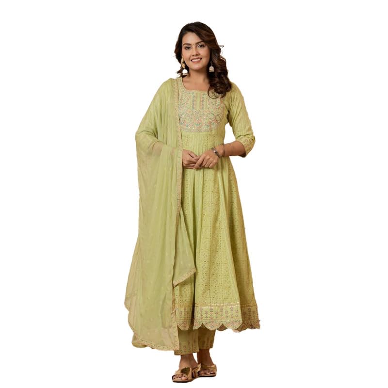 Varanga Women Beige Floral Printed Embroidered Anarkali Kurta Paired Wirh Printed Bottom And Dupatta