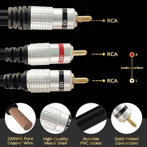 Image of MX Audio Cable 1 RCA Male to 2 Male Splitter, Gold-Plated Connectors, Dual-Shielded Y Adapter for Subwoofer, Home Theater, Amplifier, Hi-Fi Stereo Systems