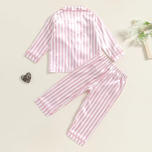 Kids Baby Toddler Girls Satin Silk Pajamas Set Long Sleeve Button Down Shirts Tops Pants Fall Pjs Lounge Sleepwear (Pink Stripes, 3-4 Years)
