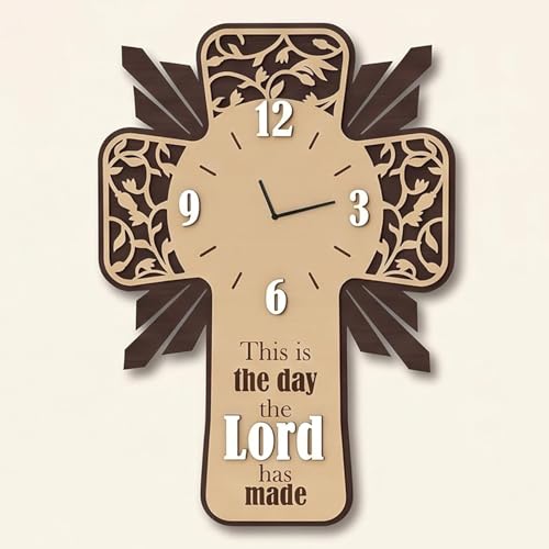 Image of Cross Wall Clock for Hall | Jesus Cross Wooden Design | Christian Wall Clock with Jesus Cross | Decorative Clock for Living Room, Office Room & Prayer Room 12 Inch