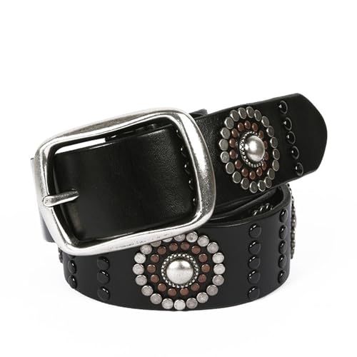 NALANY Studded Belt Punk Rock Rivet In Circular Arrangement Leather Strap Grommet Thread Belt With Bright Metal For Women Men(115cm/45, Black)