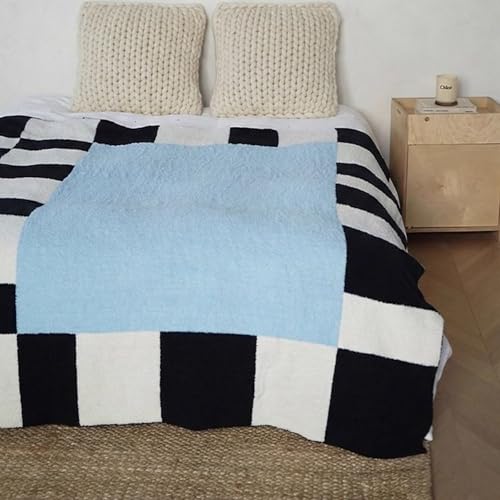 Blaue Fleece-Überwurfdecke, modern, kariert, gemütlich und weich, 127 x – Ansicht 1