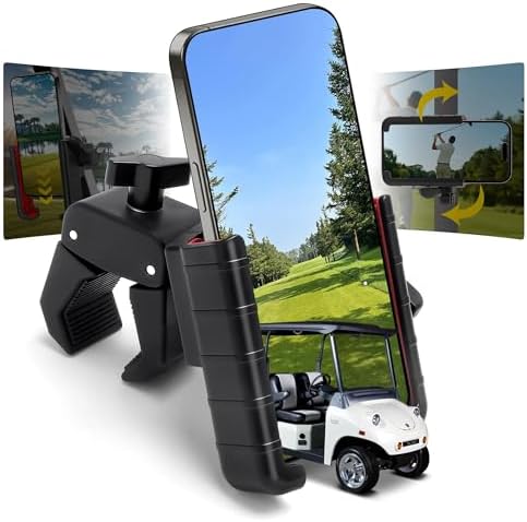Golf Cart Phone Holder Mount for EZGO Club Car Yamaha – 360° Rotatable Universal Cradle for iPhone 15 14 13 Pro Max, Samsung Galaxy, Pixel – Secure Clamp, Big Phones Friendly