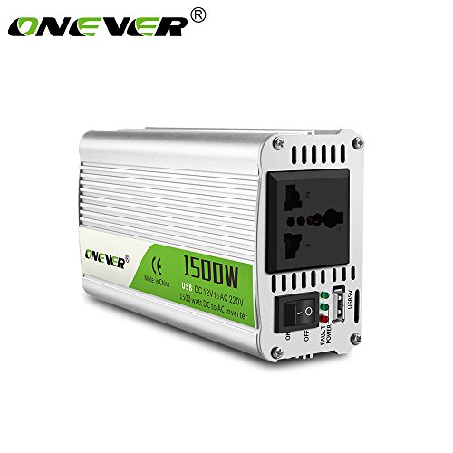 ONEVER 1500W/2800W(Peak) Car Power Inverter Converter DC 12V to AC 220V Converter Power Supply Modified Sine Wave Power with USB Port/Universal Plug/Intelligent Fan
