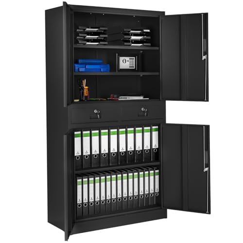 tectake® Armario Archivador Oficina en Acero, Armario Exterior e Interior con Candado Seguridad, Armario Multiusos con 5 Alturas, 4 Puertas, 2 Cajones, 3 Estantes Ajustables, 180x80x40 cm - Negro