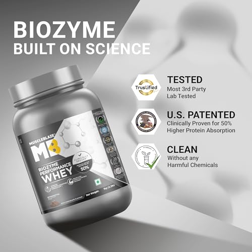 Image of MuscleBlaze Biozyme Performance Whey Protein, 1kg + Creatine 120g | Rich Chocolate | With Citrus Blast Creatine, 30 Servings