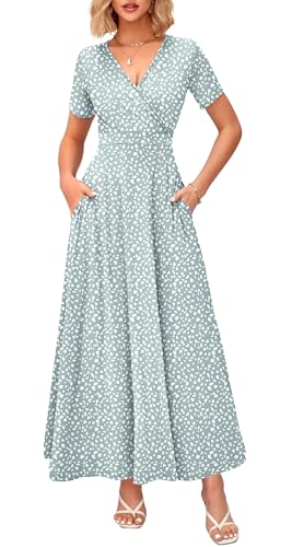 Image of WNEEDU Women's Summer Maxi Dress Short Sleeves Wrap V Neck Long Dresses with Pockets