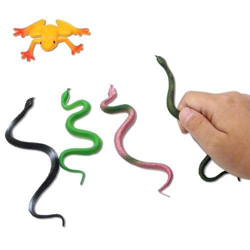 Pinowu 14Stk Realistisch Gummi Schlangentiere, 1 Eidechse 4 Frosch Spielzeug 9 Falsche Schlangen Sortiert für Garten Vögel erschrecken Halloween Gefälligkeiten der Partei