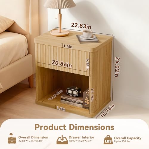 Image of Fluted Night Stand Set 2, Large Wood Bedside Table Set of 2 with Drawer and Storage Shelf for Bedroom, Small Spaces