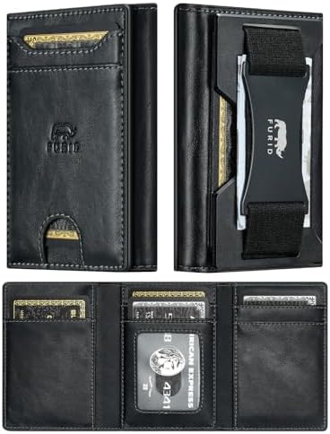 furid Leather Trifold Wallet for Men Slim: Rfid Thin Front Pocket Credit Card Holder - Minimalist Wallets with Metal Plates and Cash Band - Gift for Men Husband Father at Anniversay Brithday