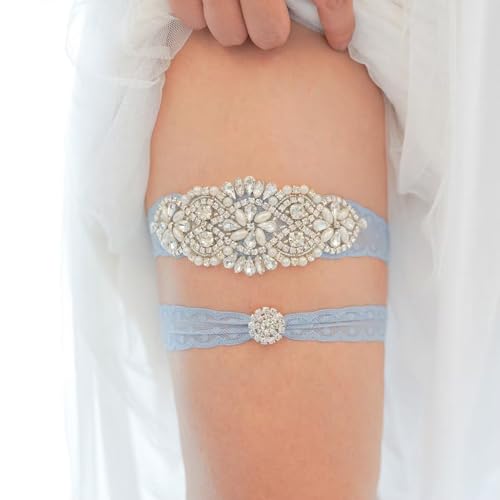 Blue Garters For Bride - Wedding Garter for Bride, Something Blue Gift for Bride, Gorgeous Pearl & Rhinestone Garter Belt Garter for Bride, Something Blue Wedding Gifts for Bride, Bridal Garter3