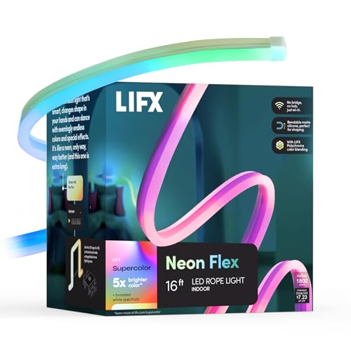 Image of LIFX Flex Neon LED Rope Light 16FT Indoor, Bendable Neon Rope Lights for Bedroom & Gaming, Apple HomeKit, Alexa, Google Home, Matter, Music Sync, 60 Zones, No Hub, Color Changing Decor