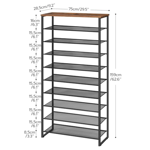 HOOBRO 10-Tier Shoe Rack, Large Capacity Shoe Organizer Shelf, Shoe Storage Unit for 27-36 Pairs of Shoes, for Entryway, Hallway, Closet, Dorm Room, Industrial, Rustic Brown BF107XJ01 - Image 4
