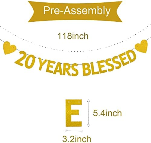XIAOLUOLY Gold 20 YEARS BLESSED Glitter Banner,Pre-Strung,20th Birthday/Wedding Anniversary Party Decorations Bunting Sign Backdrops,20 YEARS BLESSED image 4