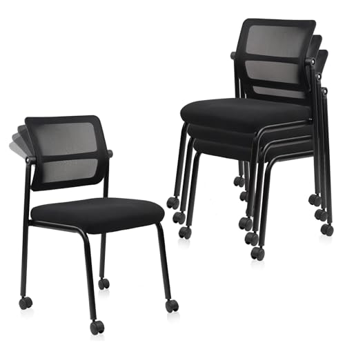 Image of CLATINA Stacking Armless Office Chair with Wheels, Stackable Mesh Guest Reception Desk Chairs with Adjustable Backrest for Waiting Room Conference Lobby Side School, Black, 4 Pack