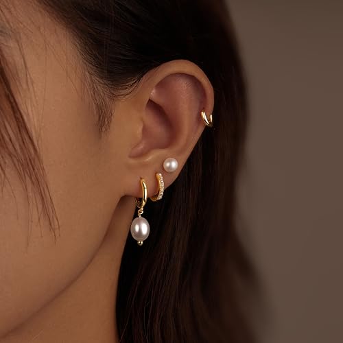 Image of Small Gold Huggie Hoop Earrings Set for Women Men Hypoallergenic 14K Plated Stack Cartilage Earrings, Sterling Silver Multiple Piercing Lightweight Mini Thin Cute Dainty Trendy Jewelry Gifts for Women