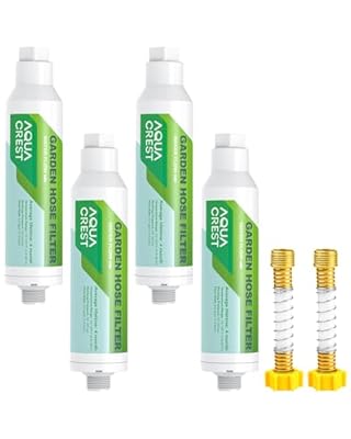 AQUA CREST Garden Hose Water Filter for Plants, Greatly Reduces Chlorine, Odor, Improve Plants Health, Ideal for Organic Gardening, Farming and Pets, 4 Pack with 2 Hose Protector