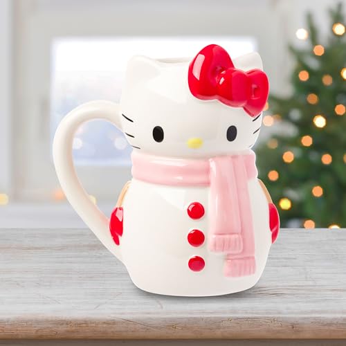 Image of Silver Buffalo Sanrio Hello Kitty Christmas Snow Man, 3D Sculpted Mug, 20oz | Holiday Ceramic, 0.59 Liters