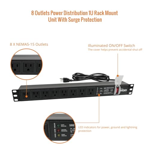 Image of Tecmojo 1U Rack-Mount Horizontal 8-Outlet PDU, UL Listed PDU with Surge Protection LED Indicators 6ft Cord Power Distribution for IT and Network Server Racks