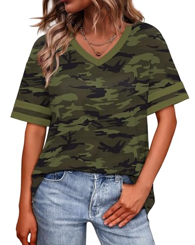 Image of WIHOLL Womens T Shirts Loose Fit Short Sleeve Tees V Neck Color Block Summer Tops 2026 Fashion S-4XL