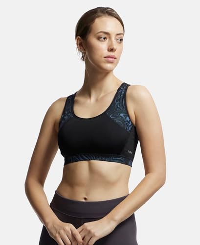 Image of Jockey MI03 Women's Wirefree Padded Polyester Elastane Stretch Printed Full Coverage Racer Back Styling Sports Bra with Stay Dry Treatment