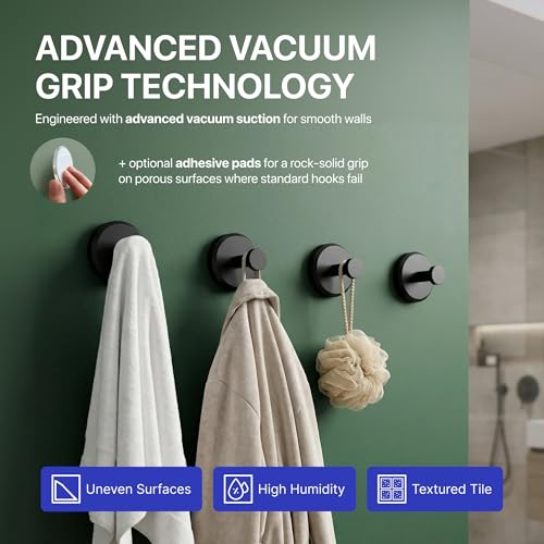Image of HOME SO Suction Cup Hooks for Shower & Bathroom Towel Holder 4-Pack - Suction Cups Hooks for Hanging Towels, Robes, & Coats - Tiles, Glass Door or Mirror - Shower Hooks & Towel Hooks Organizer - Black
