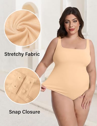 Image of FOREYOND Plus Size Bodysuits for Women Short Sleeves Square Neck Body Suit Tops Casual Basic Slim Fit Shirts Leotards