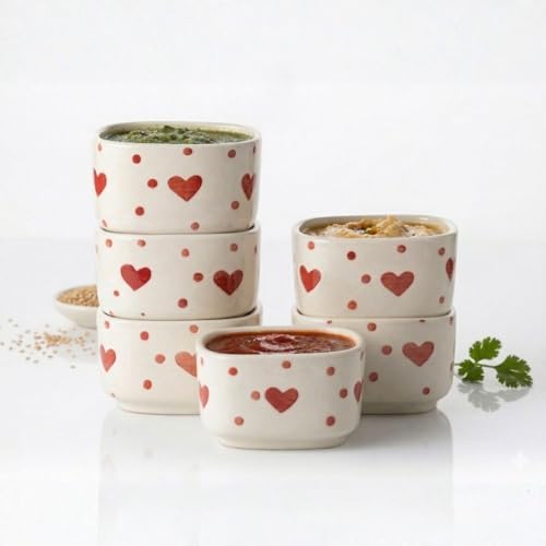 Image of Ceramic Dip Bowls with Heart Shape Design, White and Red, Set of 6, Microwave Safe, 40 ml