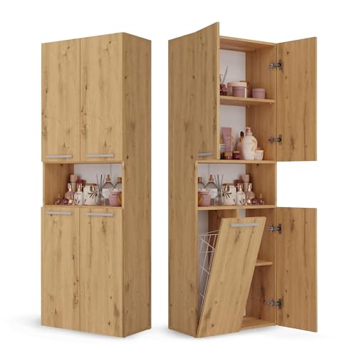 CDF Badezimmerschrank Bad Schrank Mit Wäschekorb Eiche Artisan Badschrank Mehrzweckschrank Badregal Stehend Hochschrank Offene Regale Tür Bodenschrank Allzweckschrank 1 Wäschekorb 174x60x30