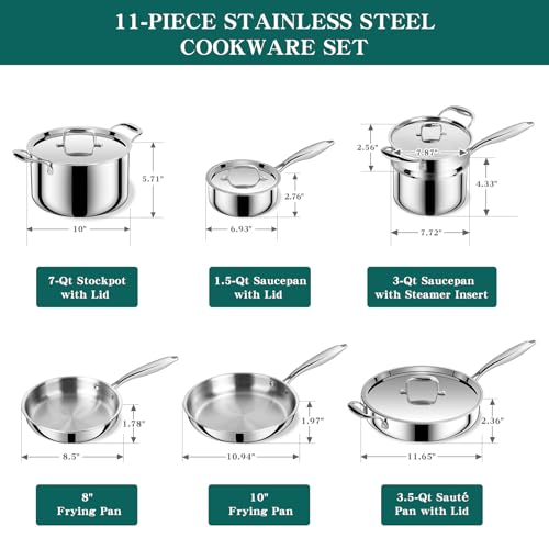 Image of EWFEN Pots and Pans Set, 3 Ply 11 Piece Stainless Steel Cookware Set, Oven Dishwasher Safe | Induction Compatible Frying Pans, Saucepans, Saute Pan & Stock Pot, PFOA Free Kitchen Skillet