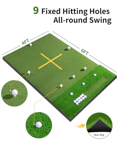 image for tosoze 6x4FT 21-45mm Dual-Turf Golf Mat with Ball Tray, Thickened Golf