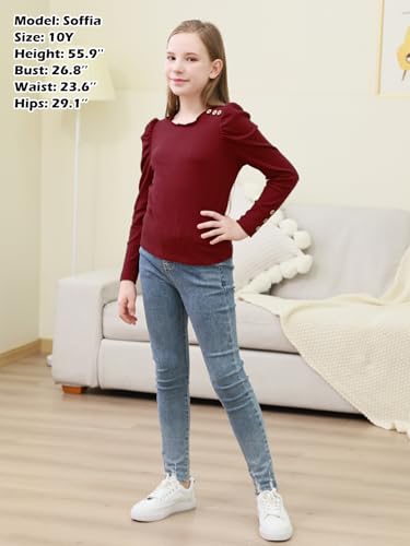 Image of GORLYA Girls Puffy Long Sleeve Casual Button Shirts Lettuce Trim Ribbed Knit Blouse Tee Tops 8-16Y