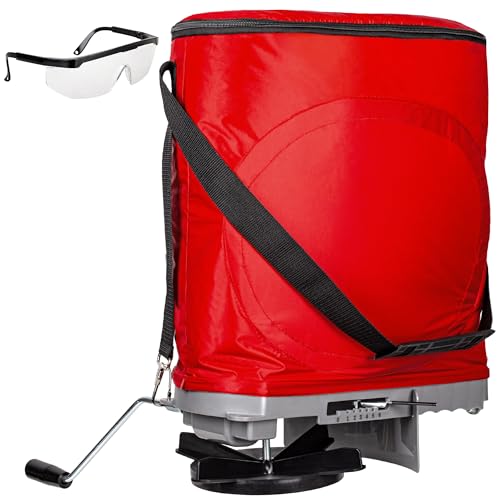 Walensee Handheld Seed Spreader with 25lb Bag, Frame Support, Flow Control, Enclosed Gears, Rear Baffle, Adjustable Strap & Goggles – Bag Seeder for Lawn and Garden, Red