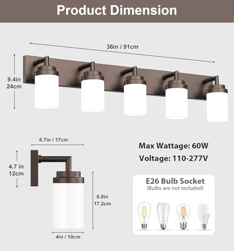 Image of Bathroom Light Fixtures, Oil Rubbed Bronze Bathroom Lighting Fixtures Over Mirror, Modern Vanity Light with White Glass Shade, Restroom Lighting Fixtures, 5-Light 36-inch