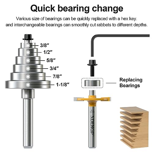 Image of Rabbet Router Bit Set 1 /4 Shank, Rabbeting Router Bits 1pcs with 6 Bearings for Interchangeable and Adjustable Multi Depths Cutter 1 /8 inch, 1 /4 inch, 5 /16 inch, 3 /8 inch, 7 /16 inch, 1 /2 inch