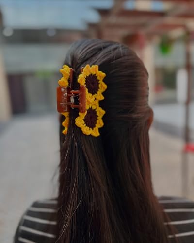 Handmade Crochet Sunflower Hair Claw Clip, Yellow and Brown Flora...