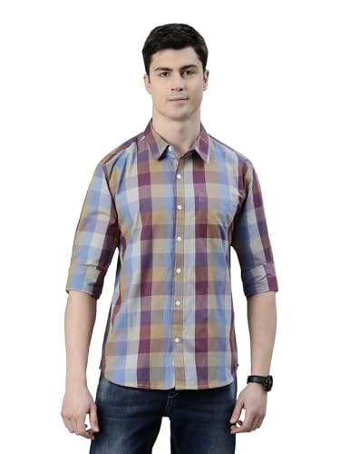 Image of JOVEN Men Slim Fit Pure Cotton Brown and Dark Green Casual Checked Shirt