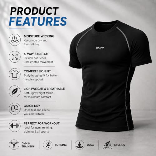 Image of BULLAR Men's Polyester Blend Compression T-Shirt, Half Sleeve Athletic Sports Tight, Crew Neck, Slim Fit Tshirt for Fitness and Workout
