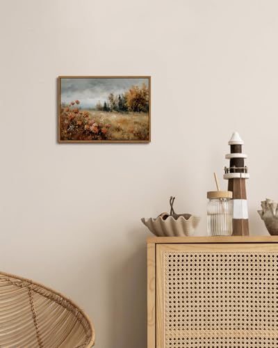 Image of KISSFOX Vintage Framed Wall Art Decor Modern Farmhouse Fall Landscape Pictures Paintings Wall Decor Rustic Autumn Leaves Canvas Art Prints Nature Countryside Artwork For Bedroom Kitchen Living Room
