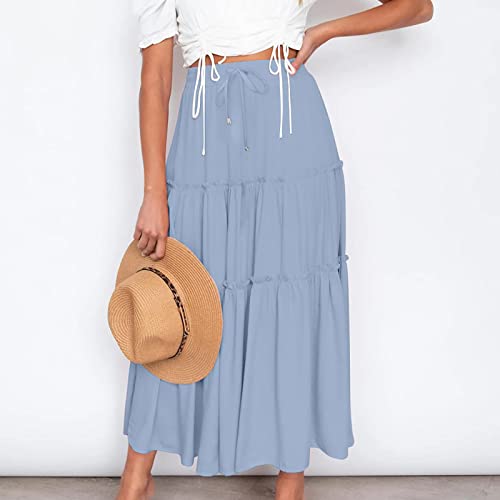 Women's Boho Long Skirts Summer Elastic High Waist A-Line Pleated Flowy Ruffle Hem Swing Beach Holiday Maxi Skirt2