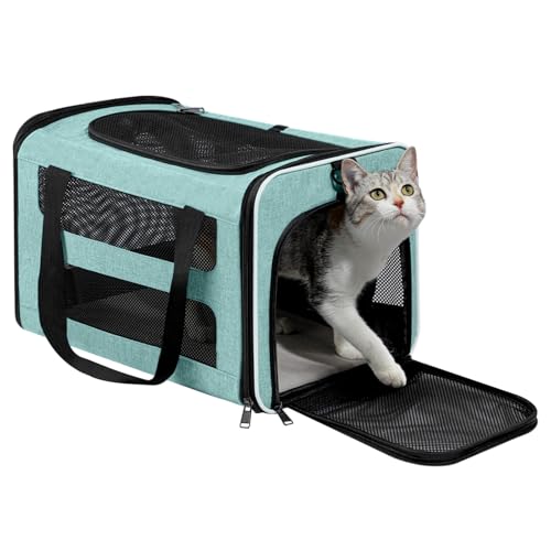 Image of Cat Carrier Soft-Sided 18x11x11 Inch Travel Bag for Medium Cats Over 15lbs, Small Dog Carrier Crate Top Entry Breathable Mesh Puppy 12 Pounds, Pet Rabbit Carrying Cage Kennel Collapsible Teal