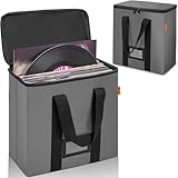 OUUTMEE 12-inch Vinyl Record Carrying Bag with Lids & Handles,Waterproof Vinyl Storage Case for Hold up to 50 Singles,Collapsible Portable Record Organizer for Albums, CDs, Passports, Files(Grey)