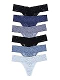 Felina Strings für Damen – 6er-Pack, super dehnbare florale Spitze, Tanga-Unterwäsche für Damen mit Baumwollzwickel und glatter Passform, Denim Blues, L-XL