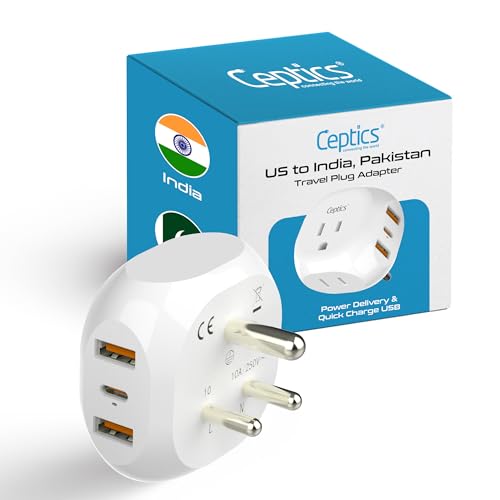 Ceptics India, Pakistan Travel Adapter - 5 Input with QC 3.1A Dual USB and USB-C - Ultra Compact -...