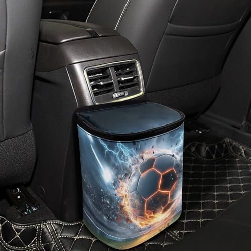 Image of Talayituse Soccer Ball Lightning Print Car Trash Can with Lid, Leak Proof Auto Trash Bag Hanging Vehicle Garbage Can Multipurpose Storage Container for Back Seat Road Trip
