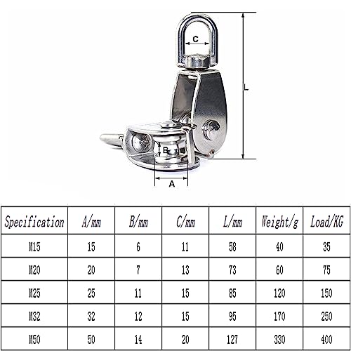 YAMASO,2Pcs 304 Stainless Steel M20 Silver Single Pulley Block Wire Rope Hanging Wire Towing Wheel
