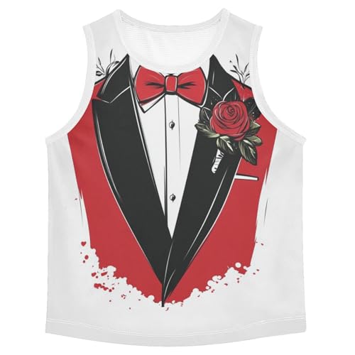 Boys Tank Top Shirts Rose Red Tuxedo Bow- Sleeveless T-Shirts Crew Neck for Kids Clothing Children