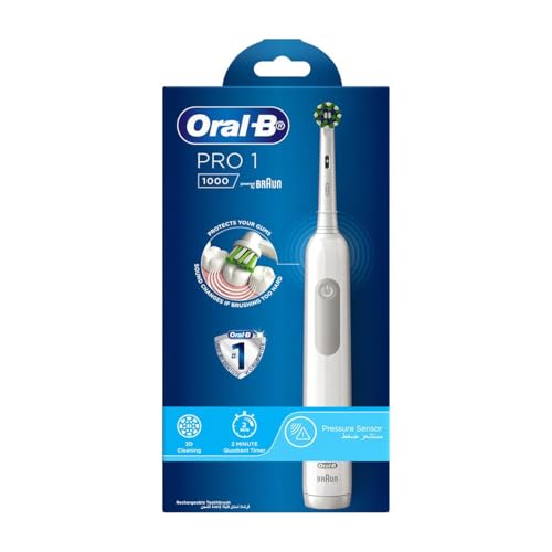 Oral-B Cepillo de dientes eléctrico recargable Pro 1 1000 con sensor de presión alimentado por Braun - Blanco